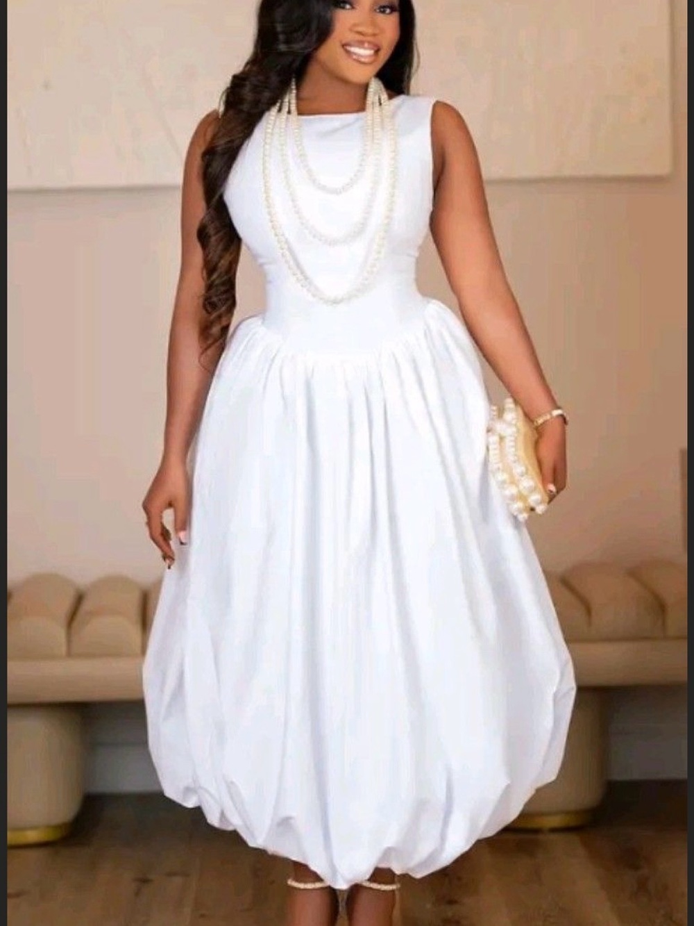 Elegant White Balloon Hem Midi Dress - Classic Women's Dress